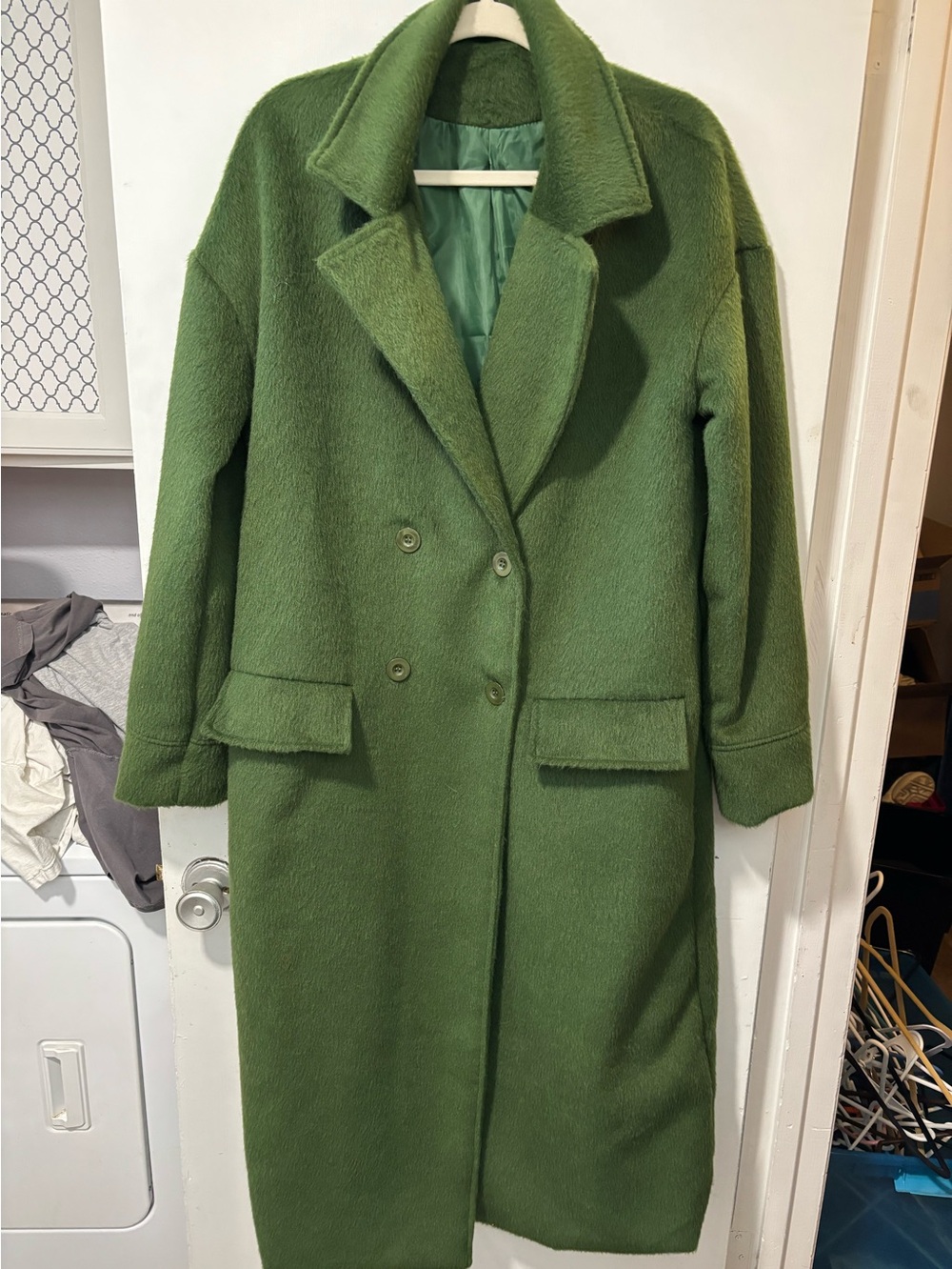 Moss green furry long double breasted pea coat size M